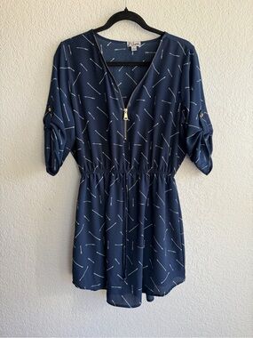 J for Justify Navy Zip-Front Mini Dress with White Linear Print
